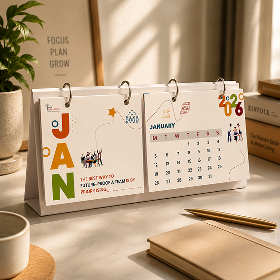 Talent Element 2026 desk calendar featuring a January leadership message, displayed in a warm, modern office setting.