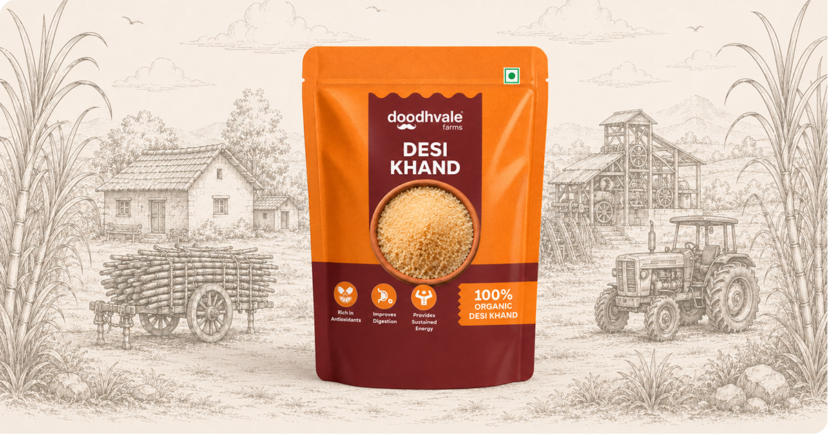Doodhvale Farms Desi Khand packaging design featuring an orange and red pouch with traditional sugarcane farming illustrations.