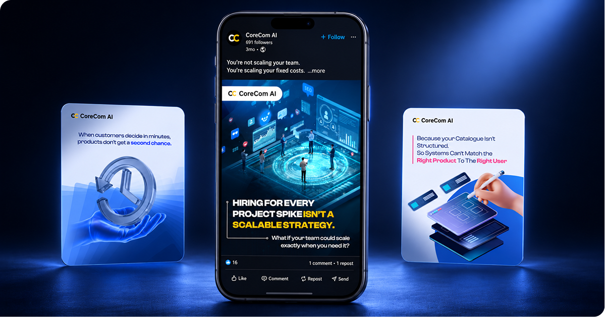 CoreCom AI LinkedIn social media showcase featuring a central LinkedIn post about scalable hiring, flanked by branded creatives about customer retention and product catalogue structure.