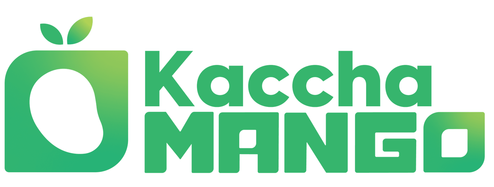Green gradient Kaccha Mango logo featuring a stylized mango icon with leaves and bold “Kaccha MANGO” lettering.