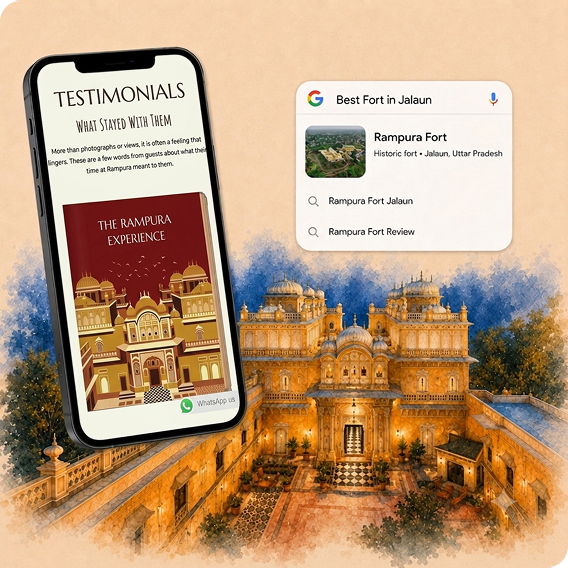 Rampura Fort digital marketing concept featuring a mobile testimonial page and Google search visibility for the heritage hotel in Jalaun.