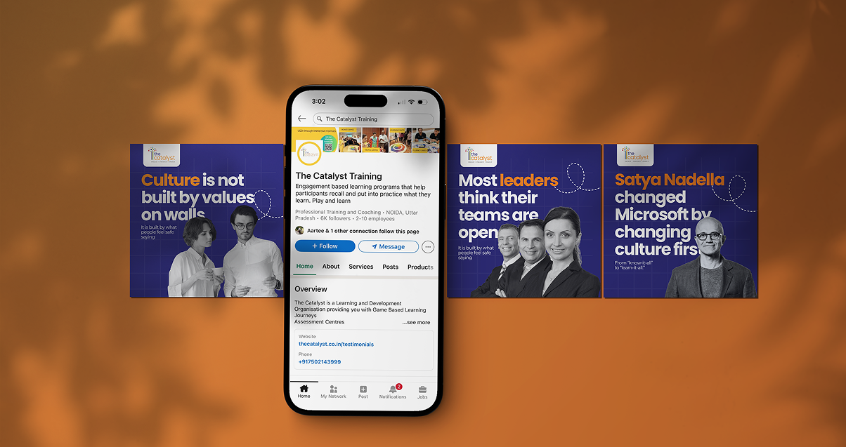 The Catalyst Training LinkedIn page displayed on a smartphone with branded leadership and workplace culture posts surrounding it.