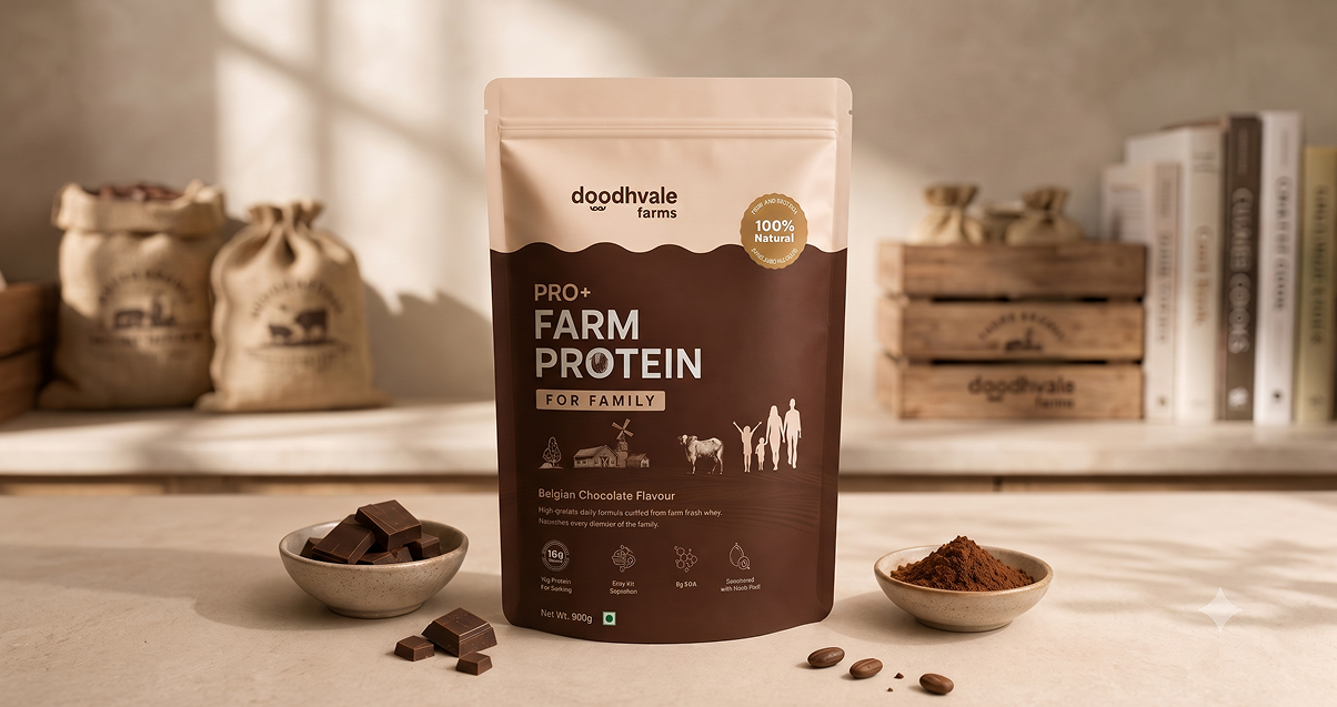 Doodhvale Farms Pro+ Farm Protein for Family pouch in Belgian Chocolate flavour, displayed with chocolate pieces and cocoa powder in a warm, natural product setting.