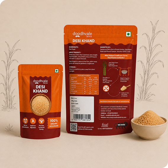 Doodhvale Farms Desi Khand packaging showcase featuring front and back pouches with traditional sugarcane-inspired artwork and product granules.