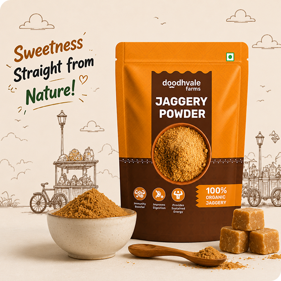Doodhvale Farms Jaggery Powder pouch displayed with jaggery powder, jaggery cubes, and sugarcane-inspired illustrations, alongside the message “Sweetness Straight from Nature.”