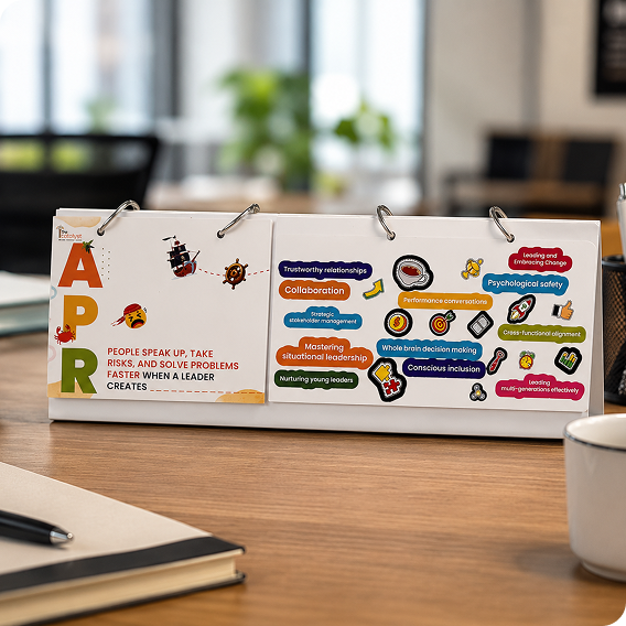 The Catalyst leadership desk calendar displayed on an office desk, featuring illustrated leadership concepts including collaboration, psychological safety, decision-making, and situational leadership.