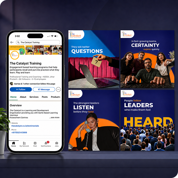 The Catalyst Training LinkedIn profile displayed on a smartphone alongside four branded social media creatives focused on better questions, certainty, listening, and leadership.