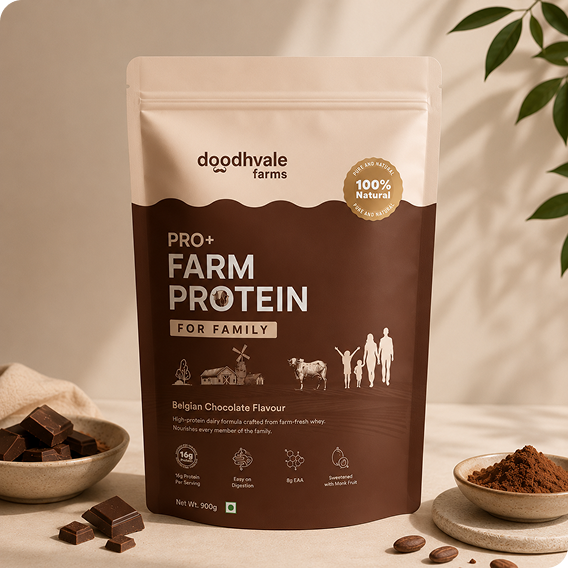Doodhvale Farms Pro+ Farm Protein for Family pouch in Belgian Chocolate flavour, displayed with chocolate pieces and cocoa powder in a warm, natural setting.