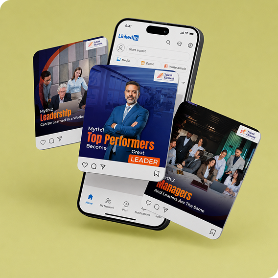 Talent Element LinkedIn social media showcase featuring leadership, top performer, and manager-themed content displayed around a smartphone mockup.