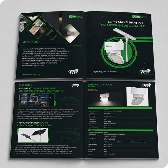Luxelume corporate brochure design showcasing solar lighting solutions, AI-enabled smart systems, product information, and sustainable energy technology.