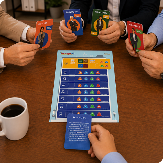 BridgeUp leadership training board game in use, with participants holding character cards around a game board and reviewing a player recognition card.