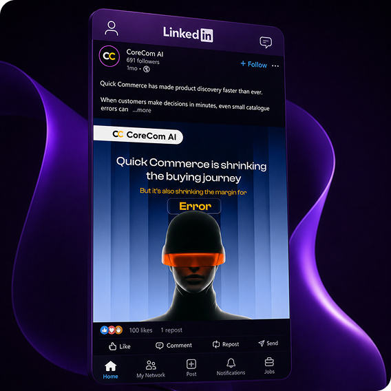 CoreCom AI LinkedIn content showcase featuring a futuristic post about quick commerce, customer decision-making, and shrinking buying journeys.
