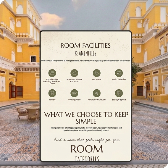 Rampura Fort heritage resort website page showcasing room facilities, amenities, and room categories in a traditional Rajasthan-inspired design.