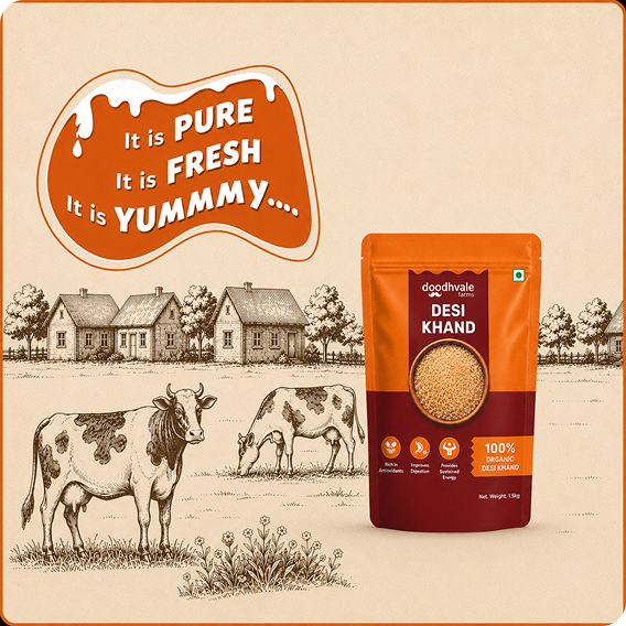 Doodhvale Farms Desi Khand product advertisement featuring the packaged product, traditional farm illustration, cows, and a fresh organic positioning.