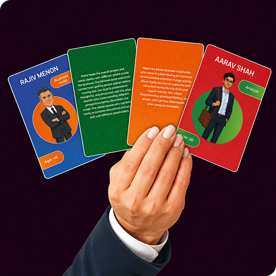 BridgeUp leadership training card game showcase featuring illustrated character cards for Rajiv Menon, Nisha Kapoor, Meera Iyer, and Aarav Shah.