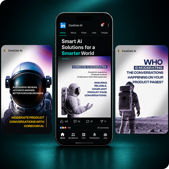 CoreCom AI LinkedIn content showcase featuring AI-powered product conversation moderation and smart e-commerce solutions.