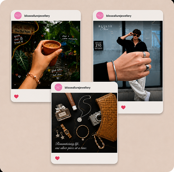Blisse Allure Jewellery Instagram social media showcase featuring three lifestyle posts for silver jewellery, including chai culture, a male jewellery look, and a curated fashion flat lay.
