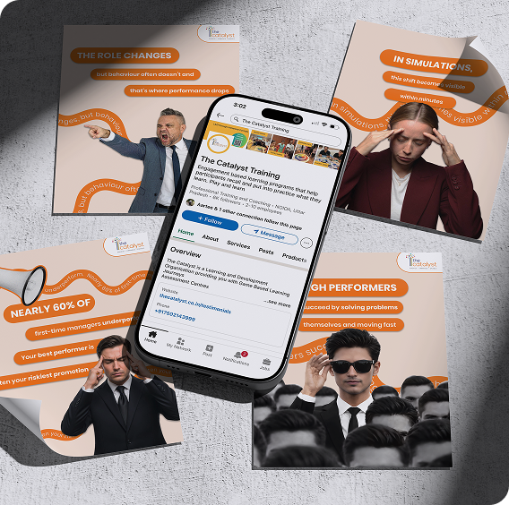 The Catalyst LinkedIn content campaign showcasing leadership challenges, workplace behaviour, high performers, and simulation-based learning.