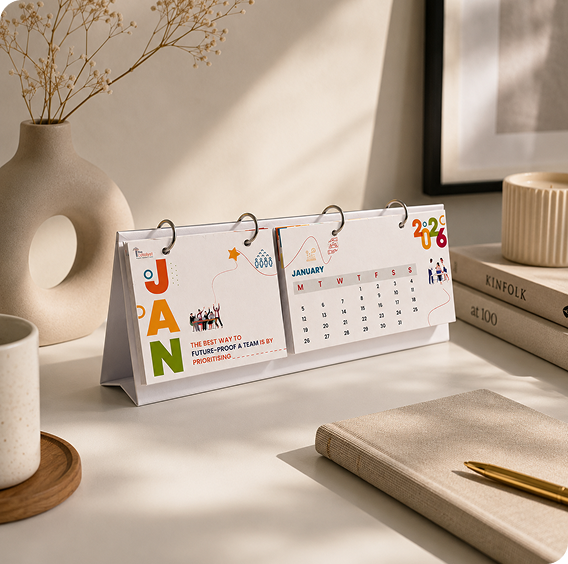 Talent Element 2026 desk calendar featuring a January leadership message in a professionally styled office setting.