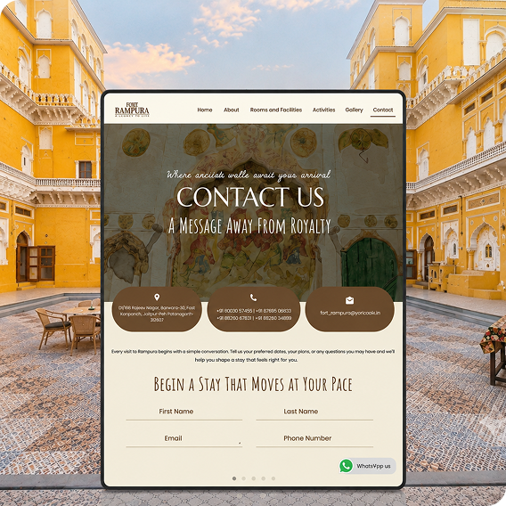 Rampura Fort heritage resort website contact page featuring a Rajasthan-inspired design, contact information, inquiry form, and WhatsApp contact option.
