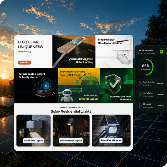 LuxeLume solar lighting website homepage showcasing smart residential lighting, AI-integrated solar systems, sustainability solutions, warranty benefits, featured products, and live performance data.
