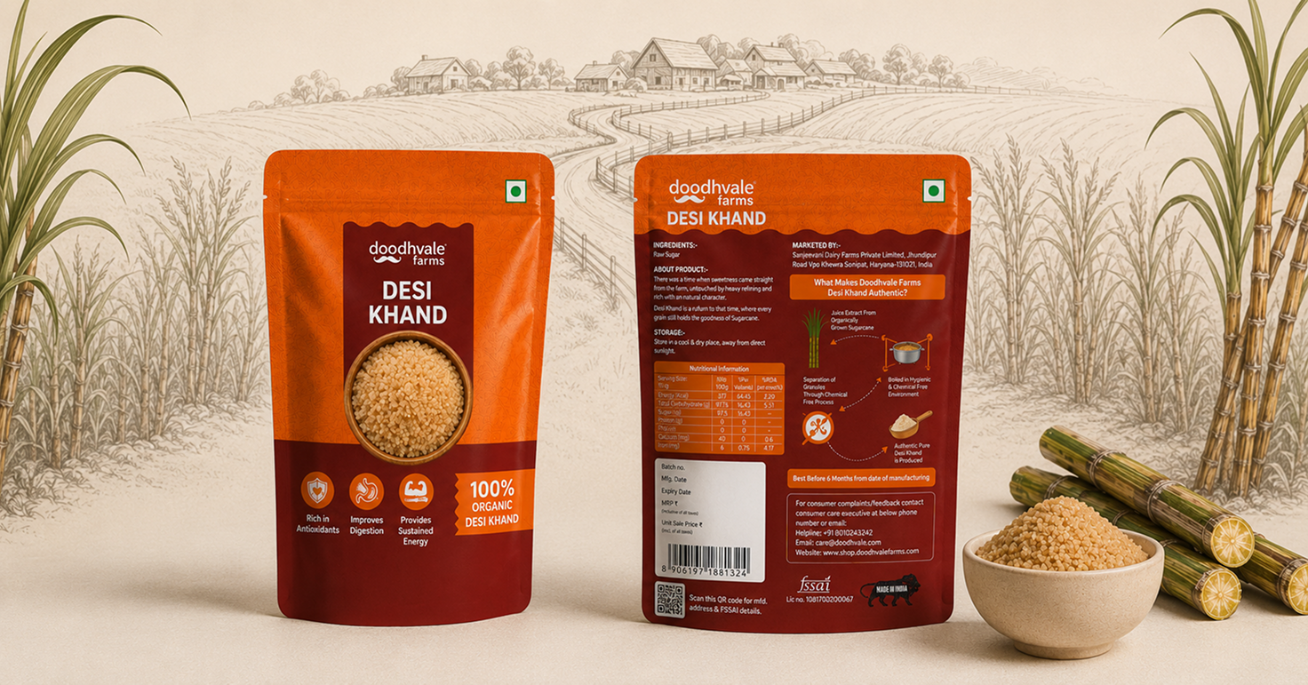 Doodhvale Farms Desi Khand packaging design showcasing front and back pouches with sugarcane and traditional farm-inspired artwork.