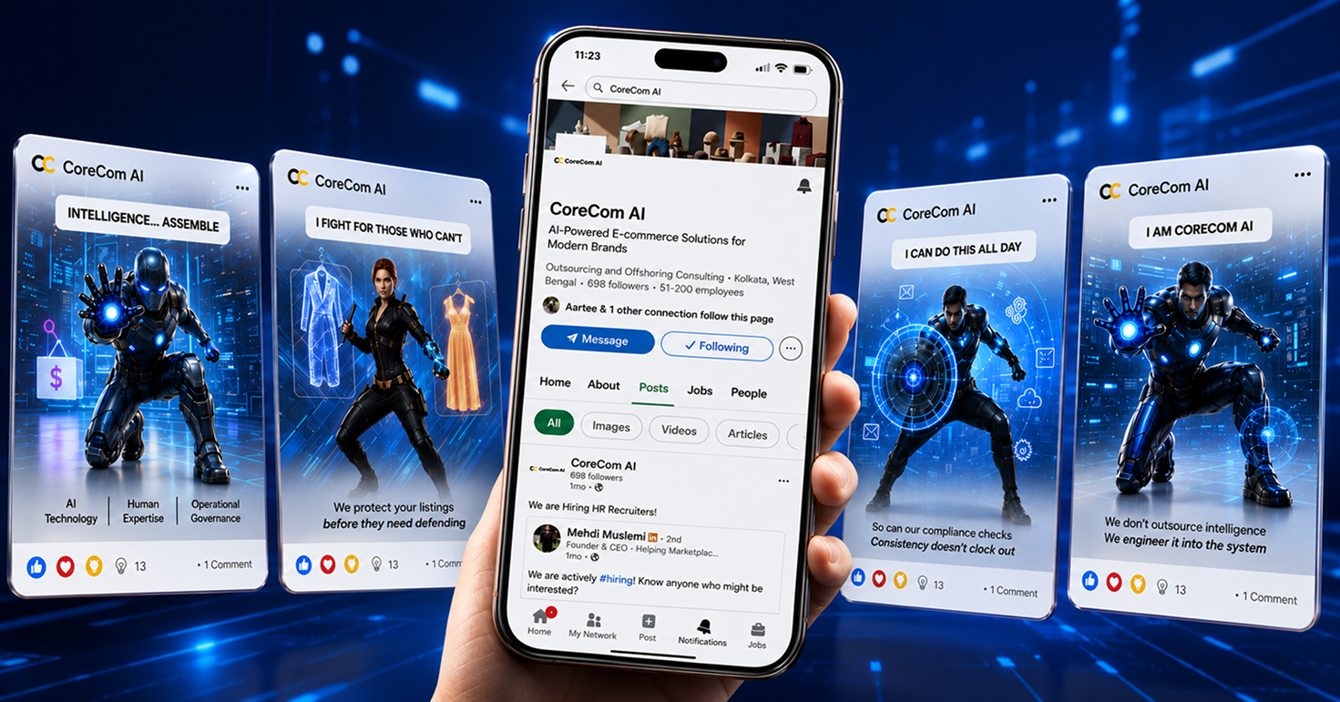 CoreCom AI LinkedIn social media showcase featuring a central LinkedIn profile surrounded by futuristic AI-themed posts about e-commerce technology, listing protection, compliance, and operational expertise.