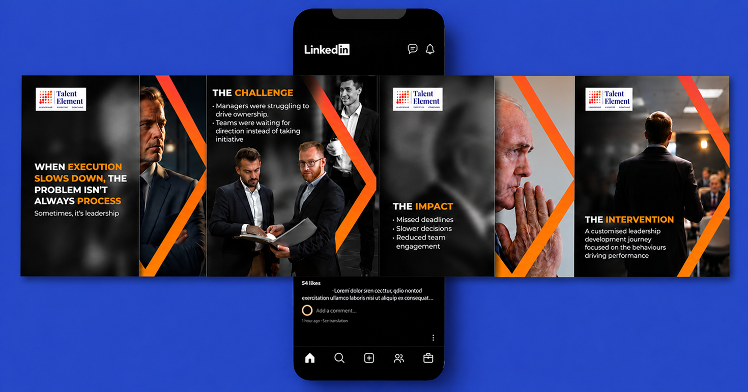 Talent Element LinkedIn carousel showcasing a leadership challenge, its impact on team performance, and a customized leadership development intervention.