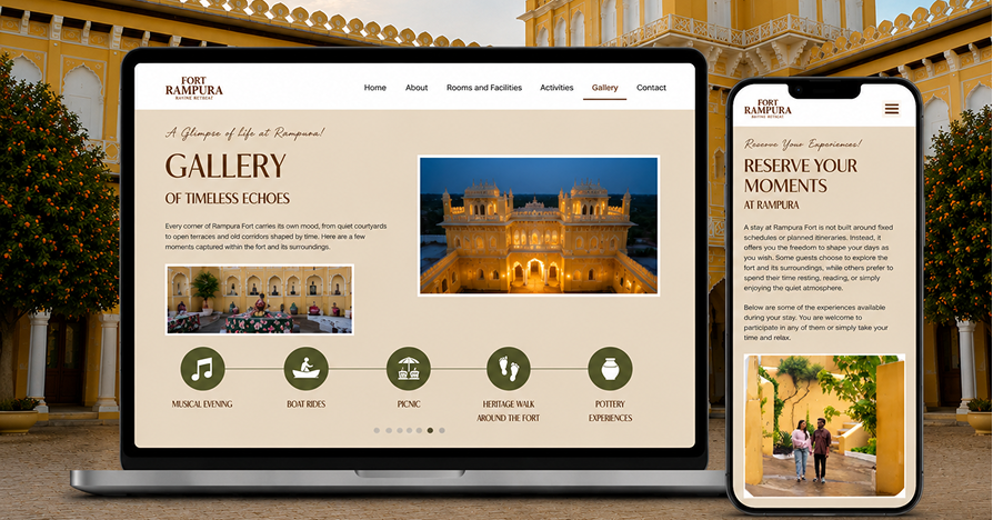Fort Rampura heritage resort website displayed on a laptop and smartphone, showcasing the gallery and luxury stay experience.