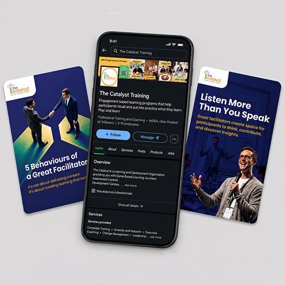 The Catalyst LinkedIn profile mockup showcasing facilitator skills, behavioural leadership, and professional learning content.