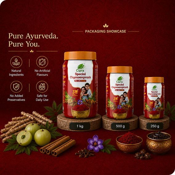 Cura Special Chyawanprash with Kesar packaging showcase featuring 1 kg, 500 g, and 250 g jars with Ayurvedic ingredients.