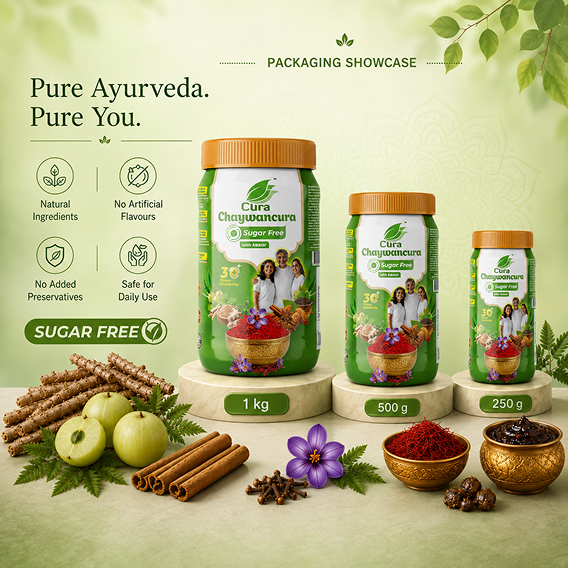 Cura Chaywancura Sugar Free packaging showcase featuring 1 kg, 500 g, and 250 g jars with Ayurvedic ingredients.