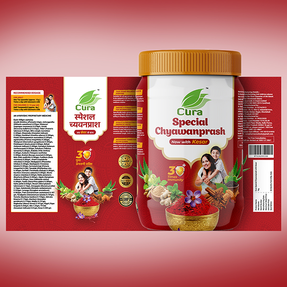 Cura Special Chyawanprash with Kesar packaging design featuring the product jar, Ayurvedic ingredients, family imagery, nutritional information, and dosage details.