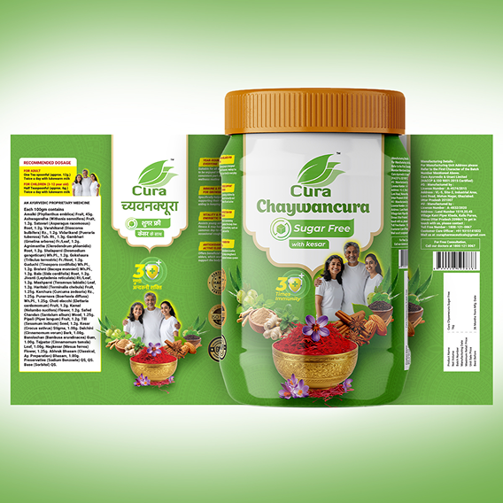 Cura Chaywancura Sugar Free packaging design featuring the product jar, Ayurvedic ingredients, family imagery, dosage information, and product details.