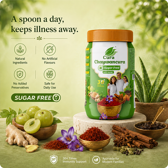 Cura Chaywancura Sugar Free product advertisement featuring Ayurvedic ingredients, natural wellness messaging, and the product jar.