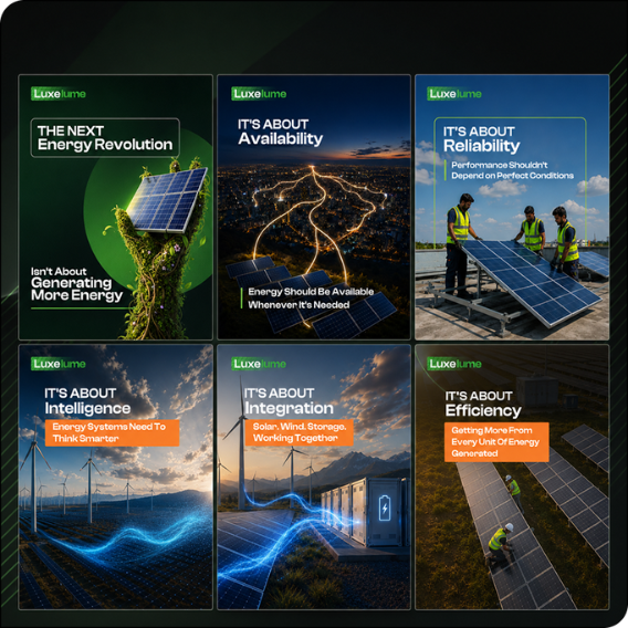 LuxeLume social media campaign showcasing renewable energy generation, availability, reliability, intelligence, integration, and efficiency.