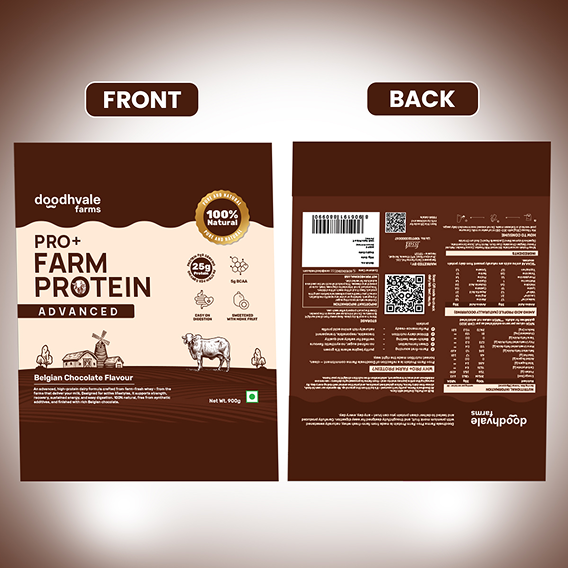 Front and back packaging design of Doodhvale Farms Pro+ Farm Protein Advanced in Belgian Chocolate flavour, featuring 100% natural positioning, 25g protein messaging, nutritional information, QR codes, and product details.