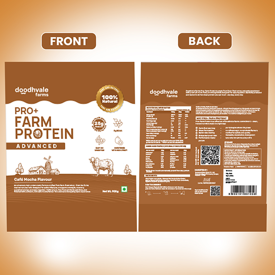 Front and back packaging design of Doodhvale Farms Pro+ Farm Protein Advanced in Café Mocha flavour, featuring 100% natural positioning, 25g protein messaging, nutritional information, QR codes, and product details.