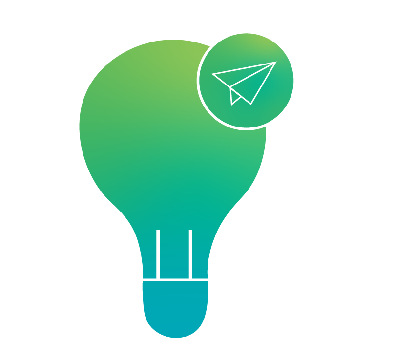 Green and teal light bulb illustration with a paper airplane icon, symbolizing ideas, communication, and innovation.