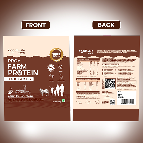 Front and back packaging design of Doodhvale Farms Pro+ Farm Protein for Family in Belgian Chocolate flavour, featuring nutritional information, product benefits, ingredients, and packaging details.