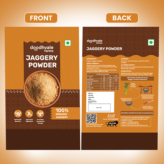 Front and back packaging design of Doodhvale Farms Jaggery Powder, showing the orange and brown pouch artwork, product information, nutritional details, and organic jaggery branding.