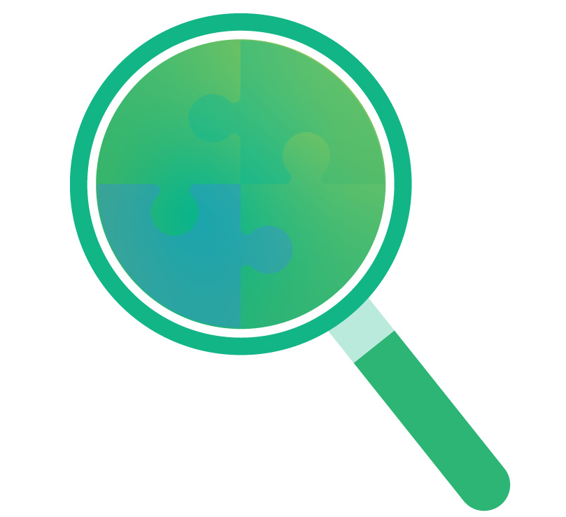 Green magnifying glass containing interconnected puzzle pieces, symbolizing research, analysis, and problem-solving.
