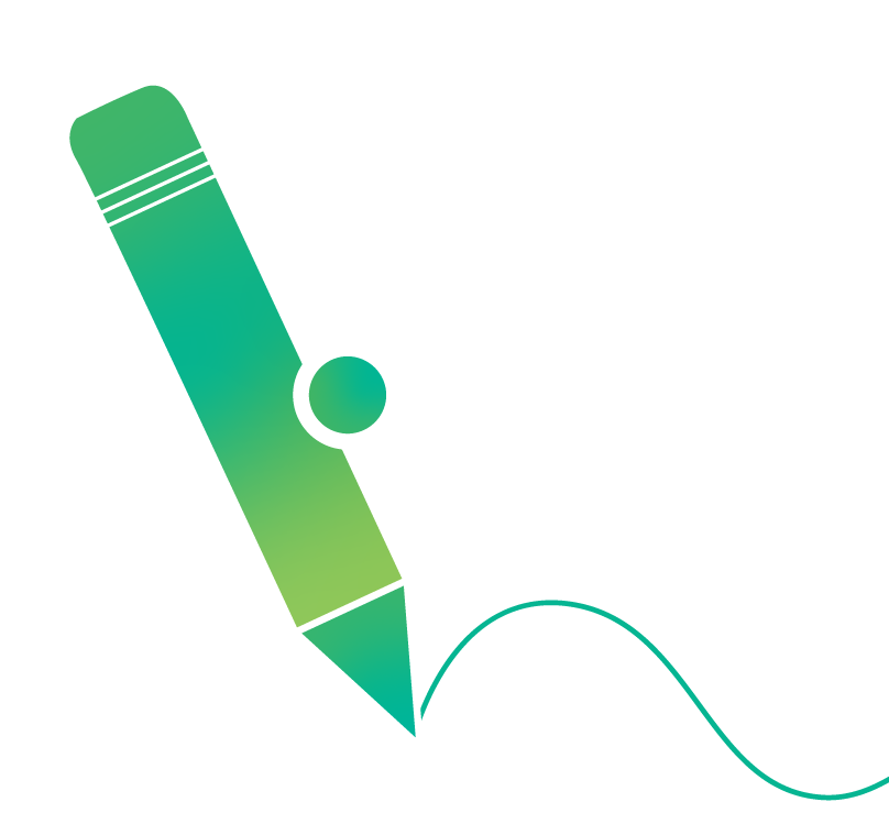 Green gradient pen illustration drawing a flowing line, symbolizing creativity, design, and idea development.