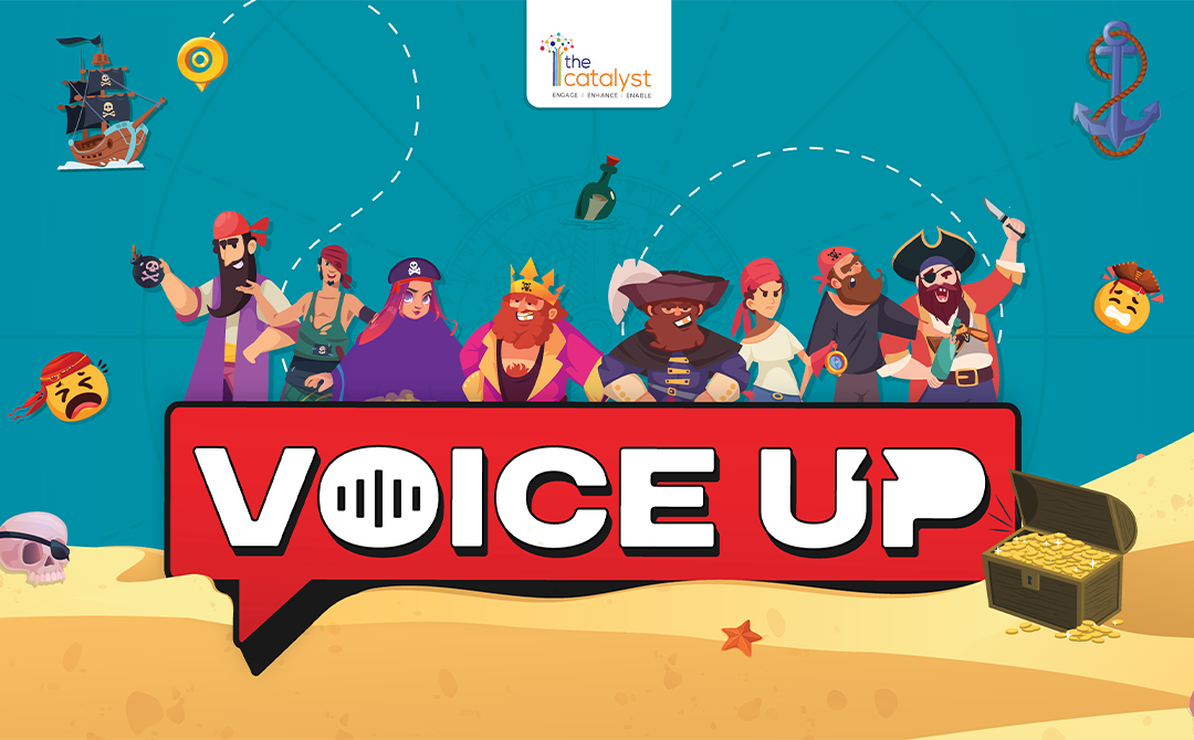 The Catalyst “Voice Up” campaign artwork featuring pirate-themed characters, a treasure map-inspired setting, and a bold red speech-bubble logo.