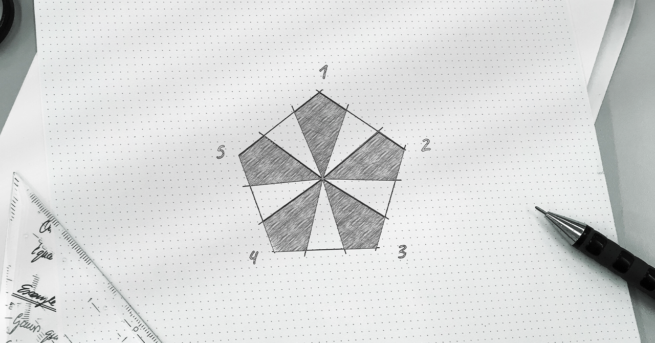 Hand-drawn geometric architectural concept sketched on dotted paper with numbered sections, ruler, and technical drawing pen.